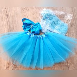 NWOT Bright Blue/Aqua tulle tutu skirt, headband, and bloomers 1-2y